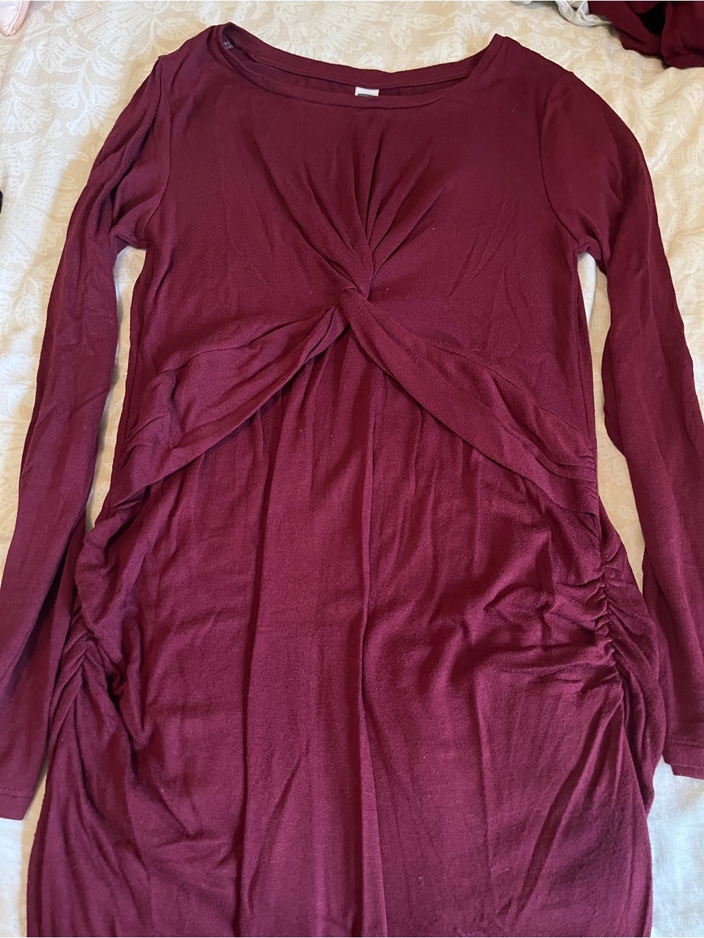 Long Sleeve Twist Front Maternity Dress Burgundy